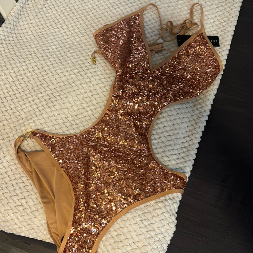 Fashion Nova Copper Sequin One Piece Swimsuit